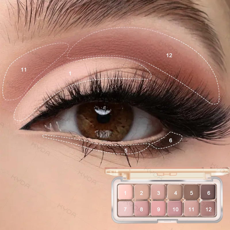 KYDA 12 Colors Grey Pink Eyeshadow Palette with Brush, High Pigment Matte Shimmer Pink Brown Eye Shadow, Netural Brown Eyes Palette for Women, Soft Blendable Powder Eyeshadow, Korean Eyes Makeup - Image 3